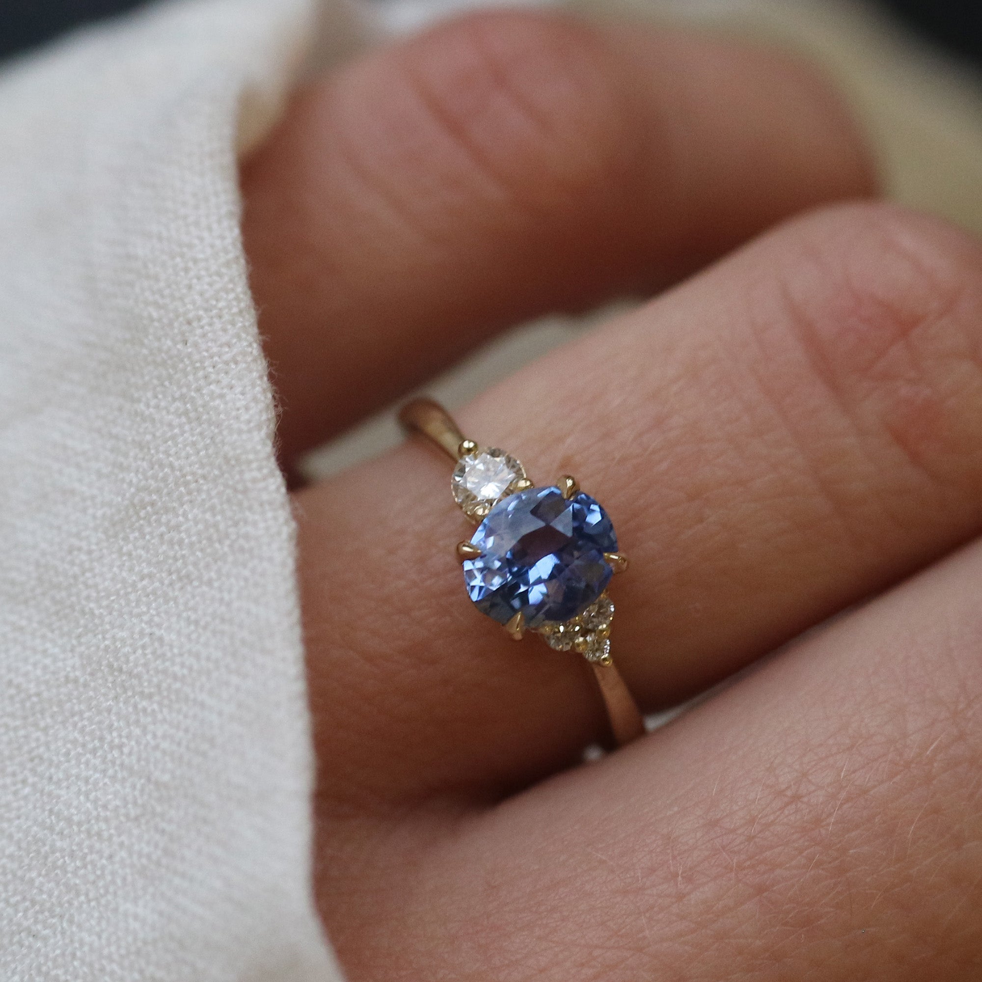 9ct Gold Five Stone Cornflower Blue Sapphire and Diamond Engagement Ring