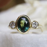 9ct Gold Green Sapphire and Diamond Bezel Engagement Ring