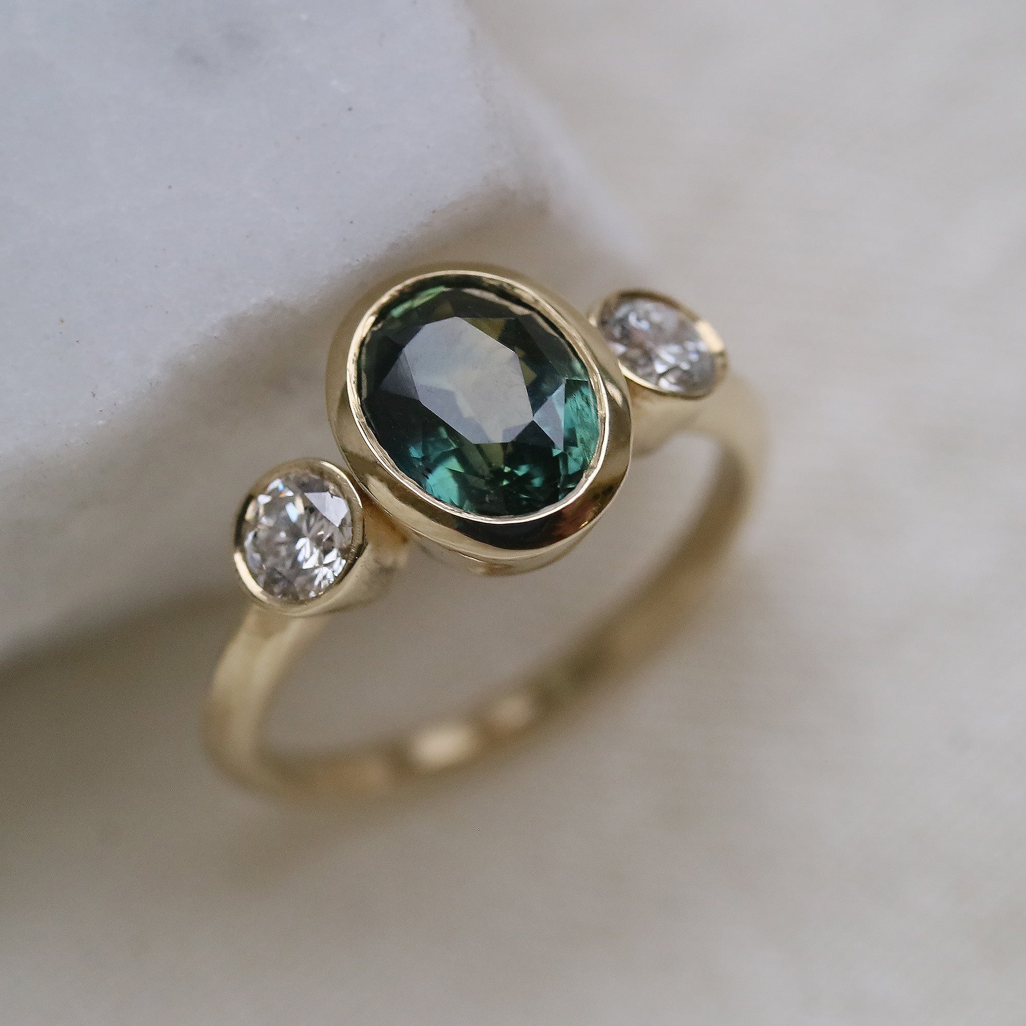 9ct Gold Green Sapphire and Diamond Bezel Engagement Ring