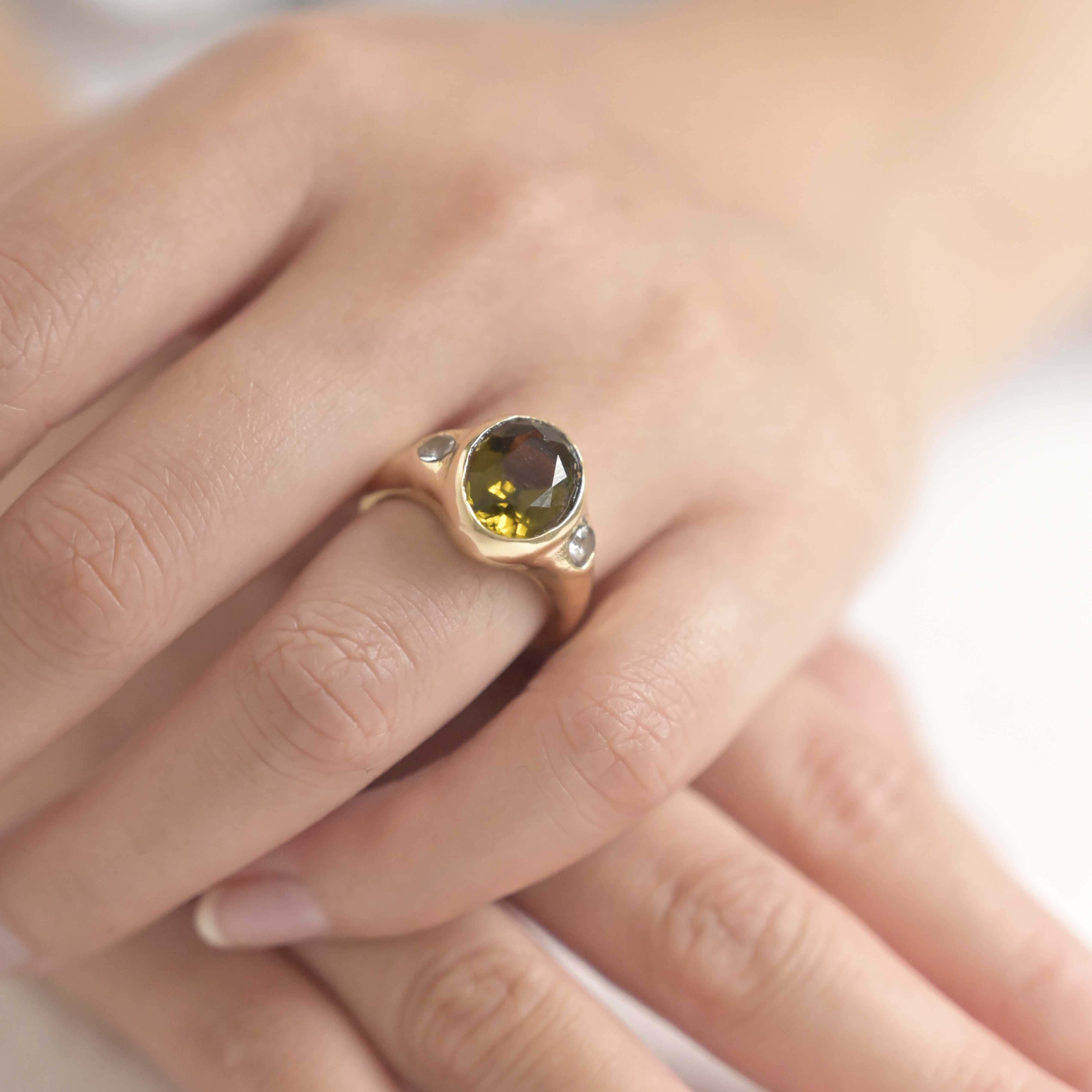 9ct Gold Green Tourmaline Three Stone Statement Engagement Ring