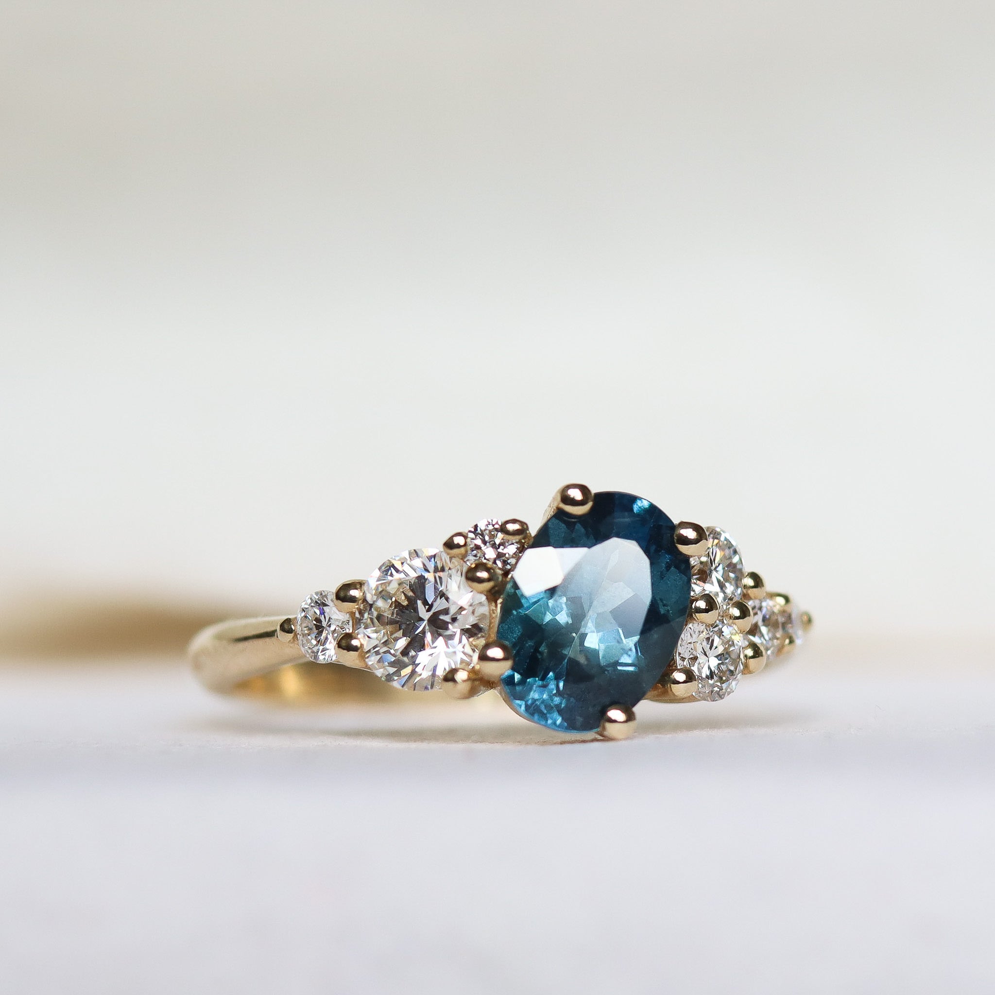 Asymmetric Blue Sapphire and Diamond Engagement Ring