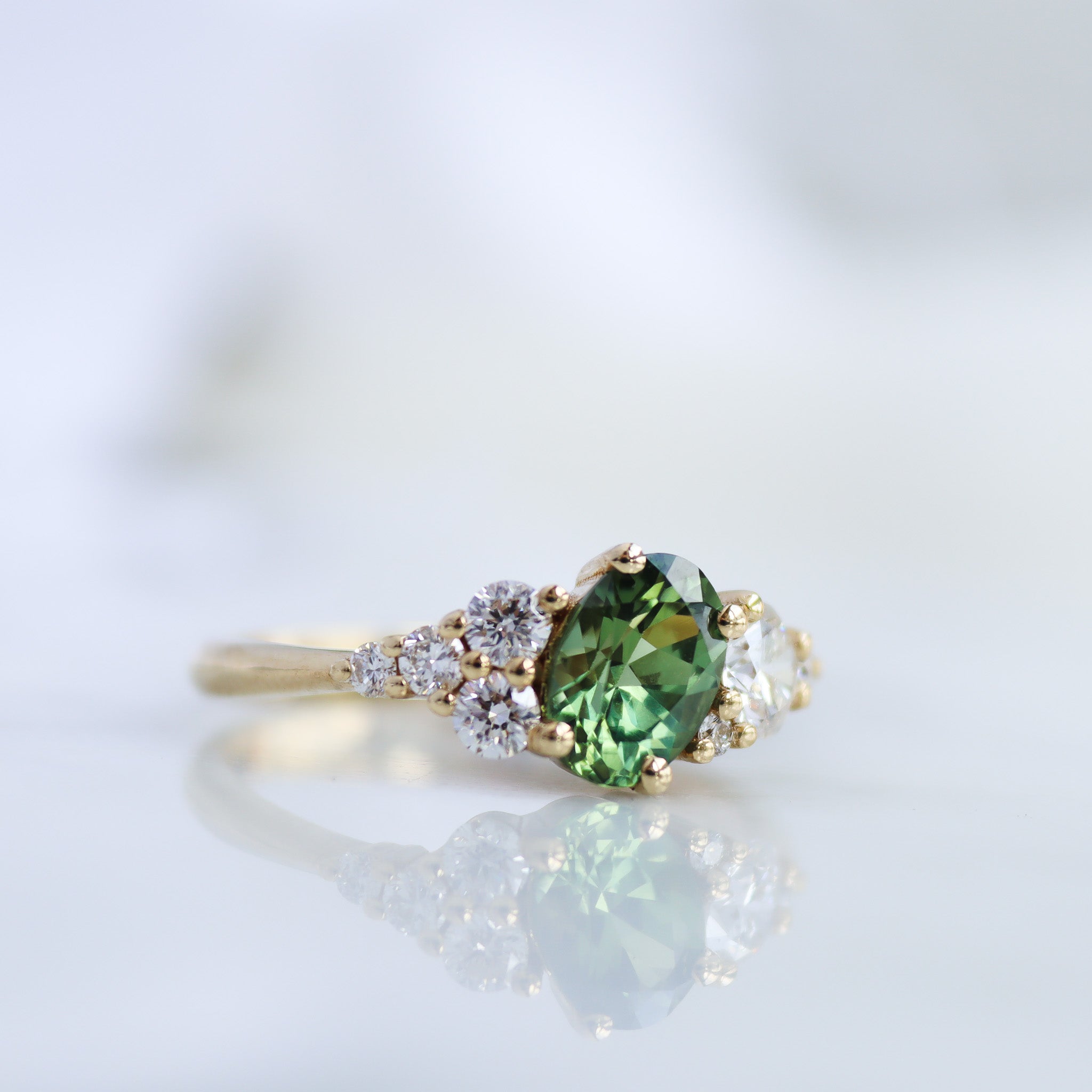 Asymmetric Green Sapphire and Diamond Engagement Ring