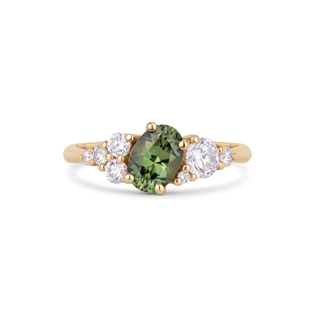 Asymmetric Green Sapphire and Diamond Engagement Ring