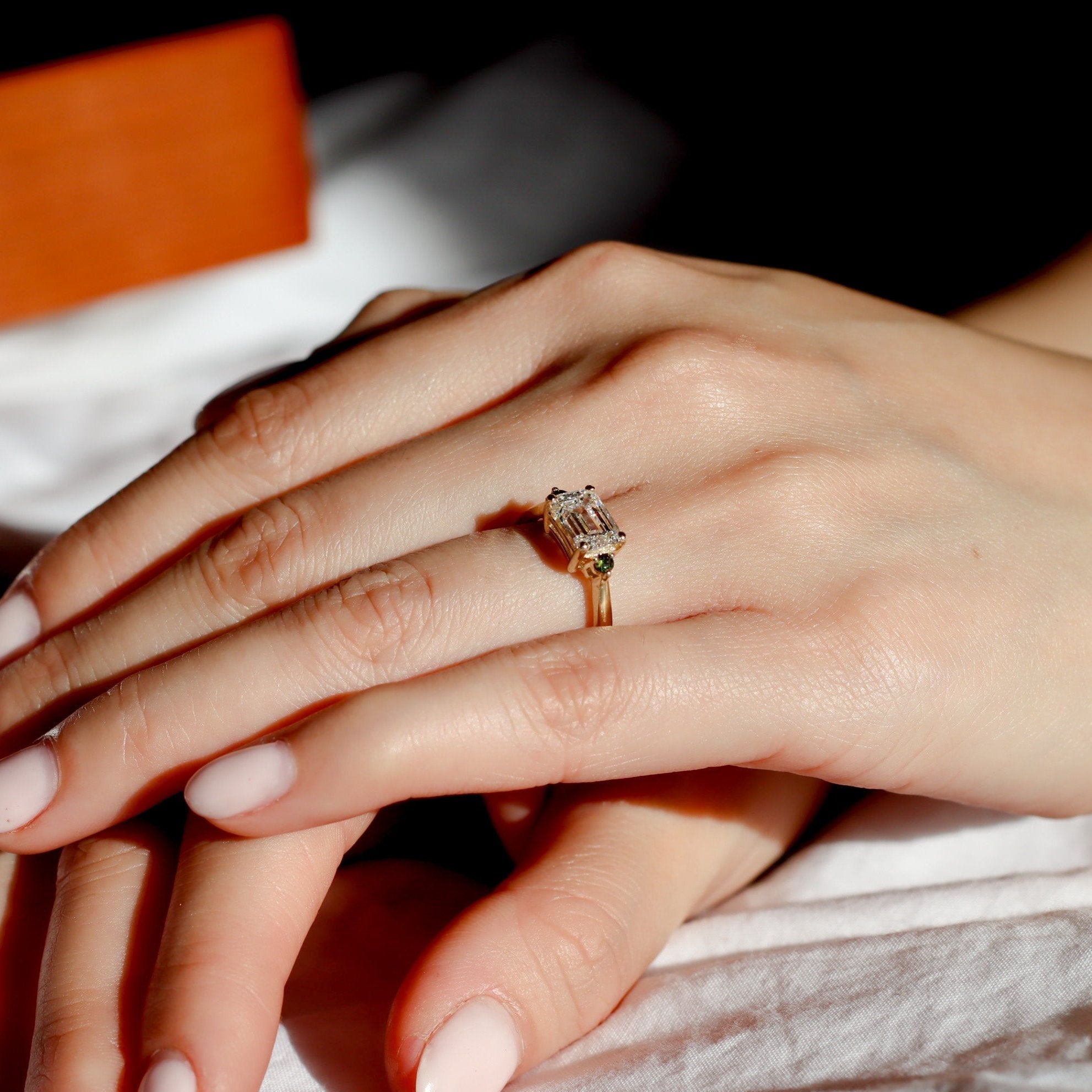 Emerald Cut Diamond with Green Tourmaline Engagement Ring