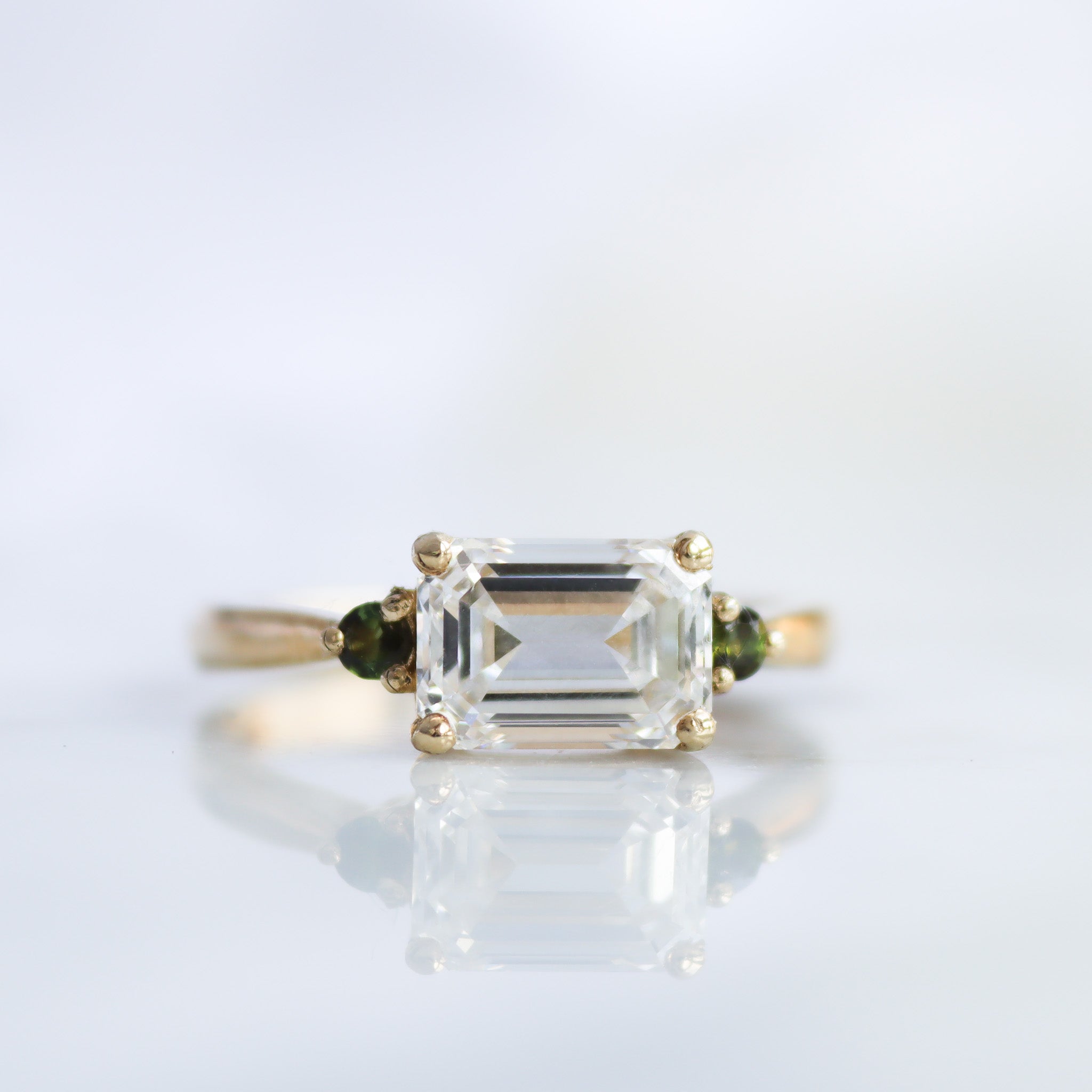 Emerald Cut Diamond with Green Tourmaline Engagement Ring