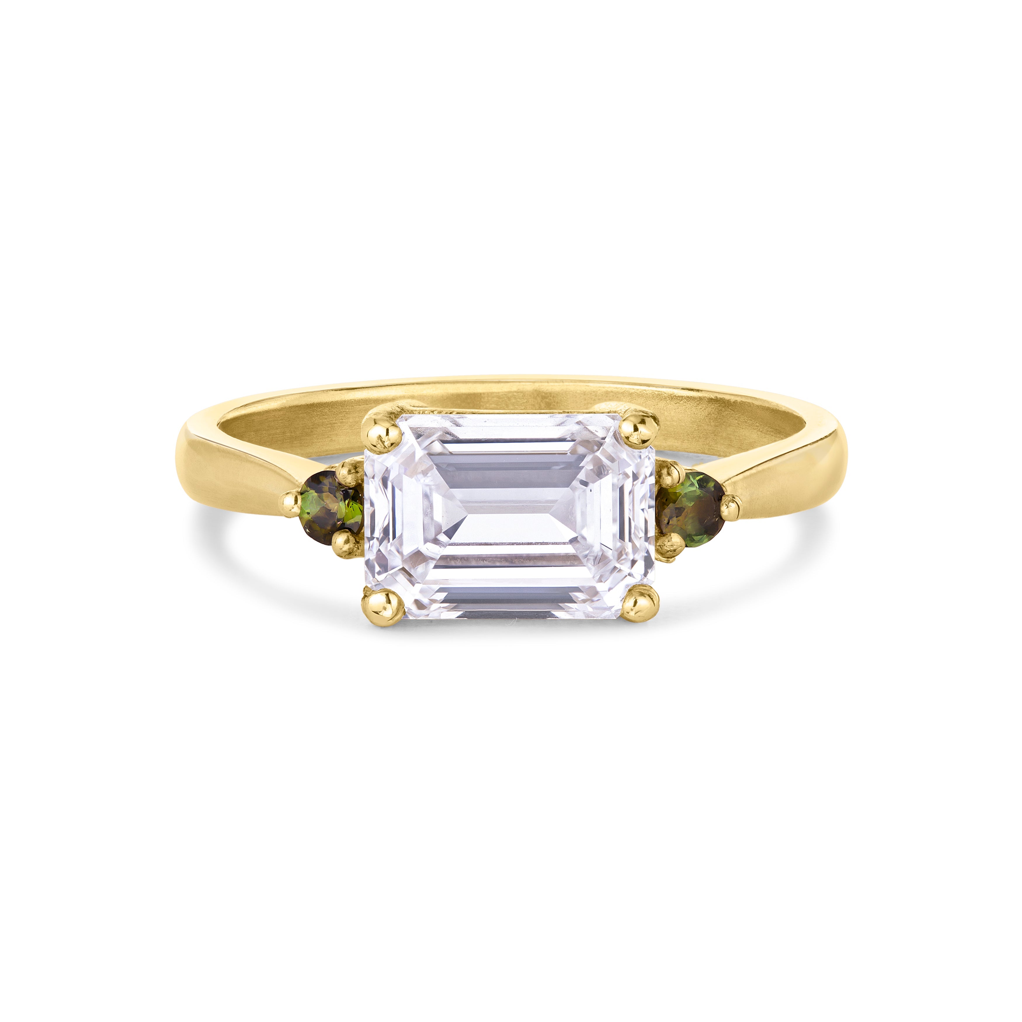 Emerald Cut Diamond with Green Tourmaline Engagement Ring