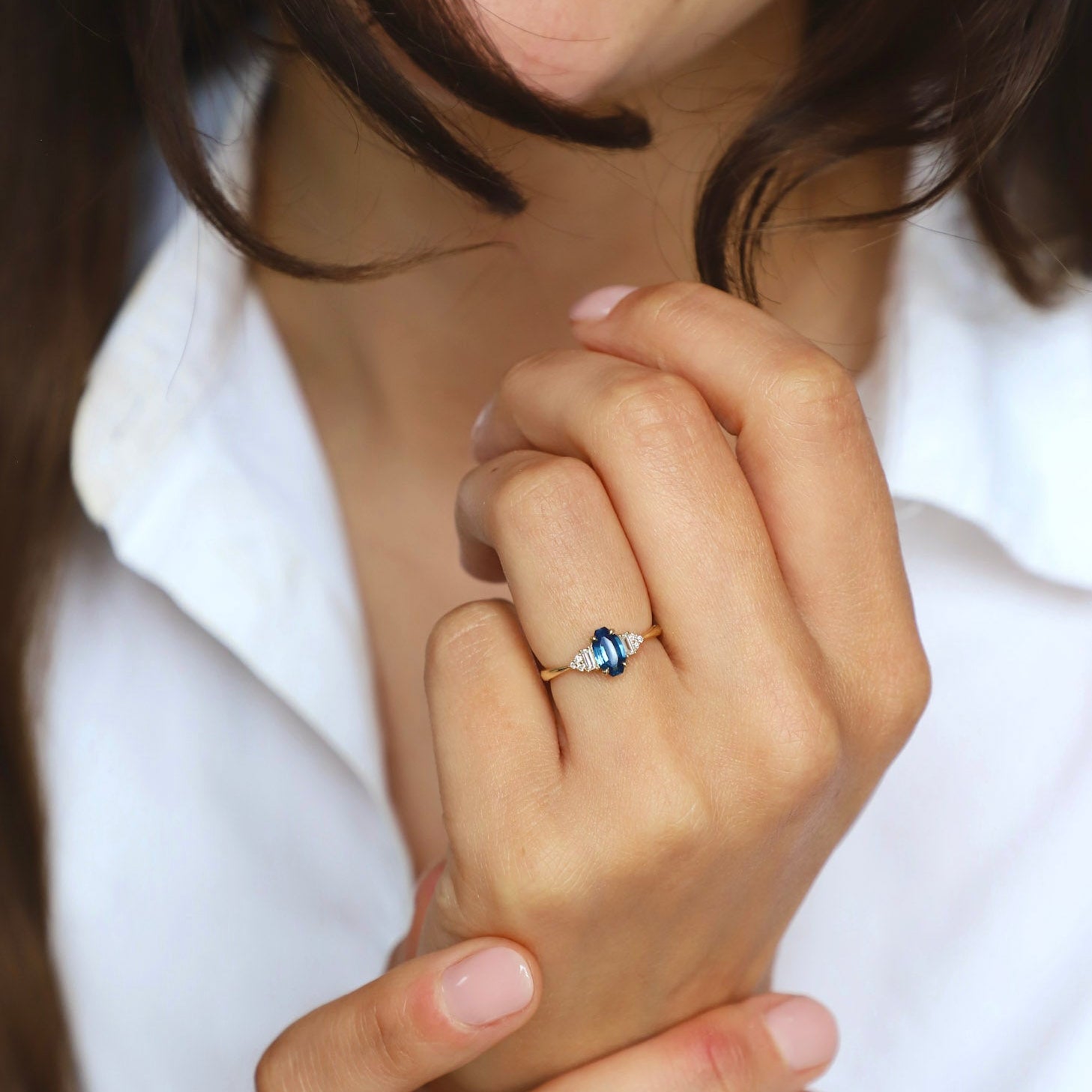 Geometric Blue Sapphire and Cluster Diamond Engagement Ring