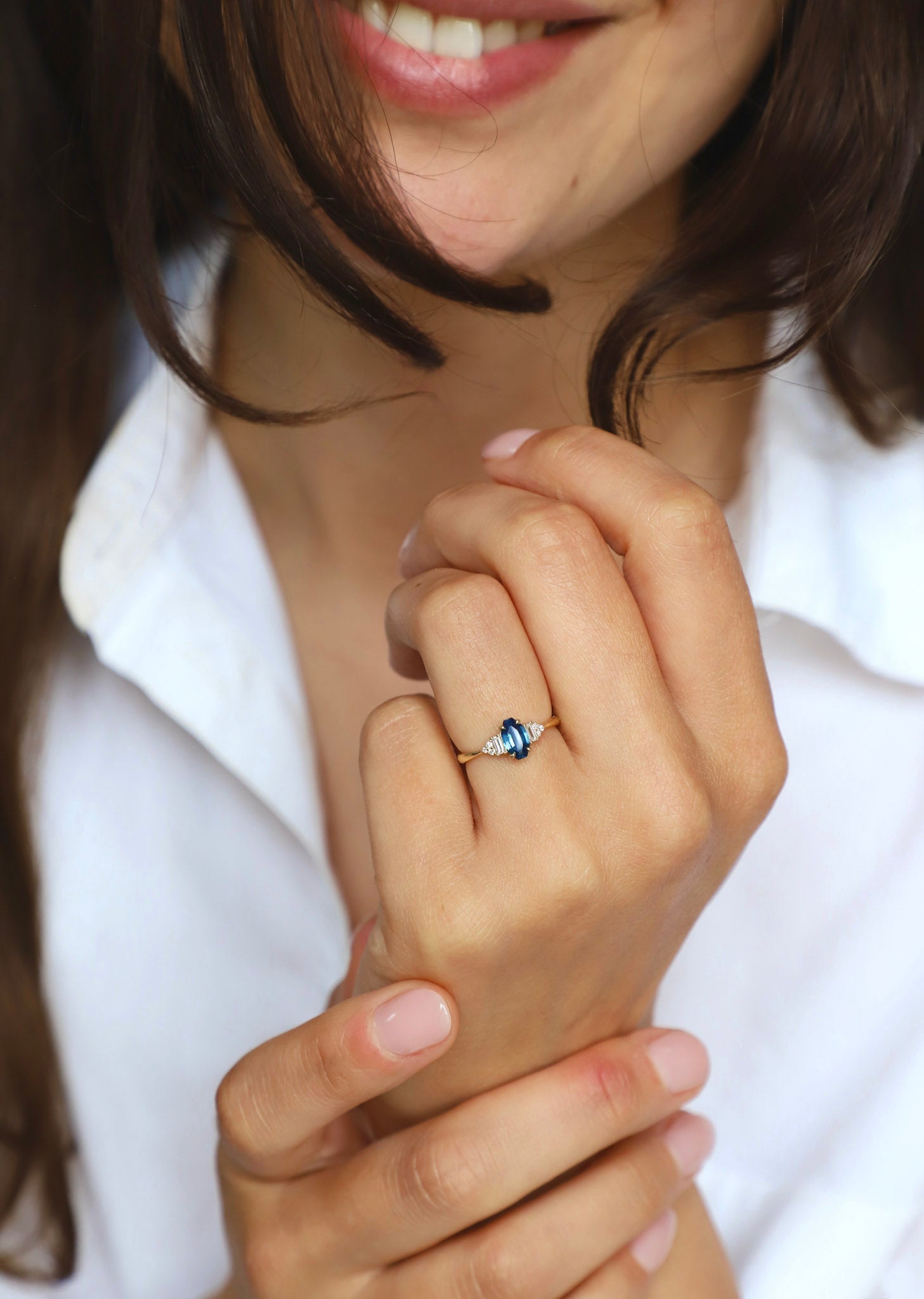 Geometric Blue Sapphire and Cluster Diamond Engagement Ring