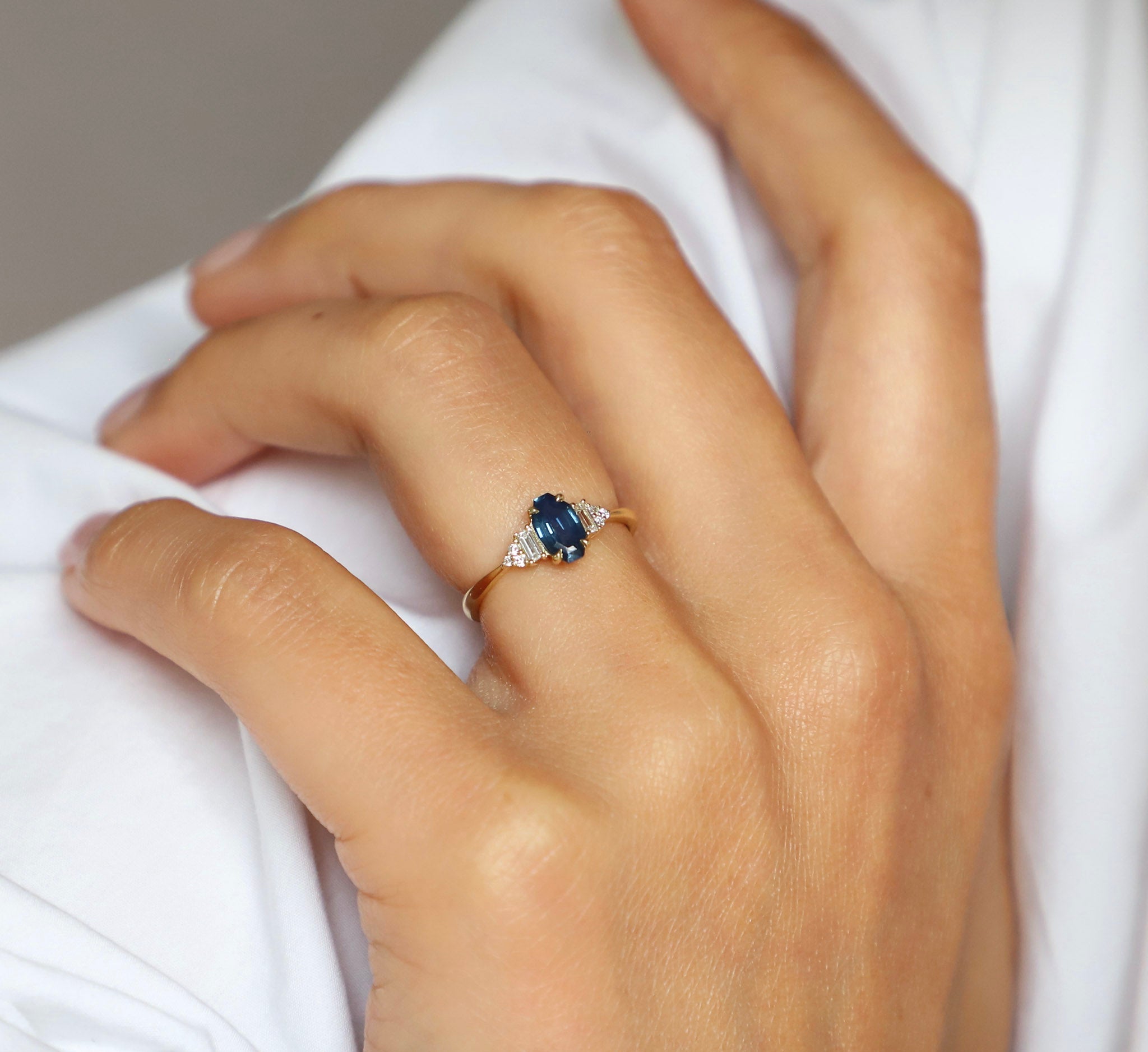 Geometric Blue Sapphire and Cluster Diamond Engagement Ring