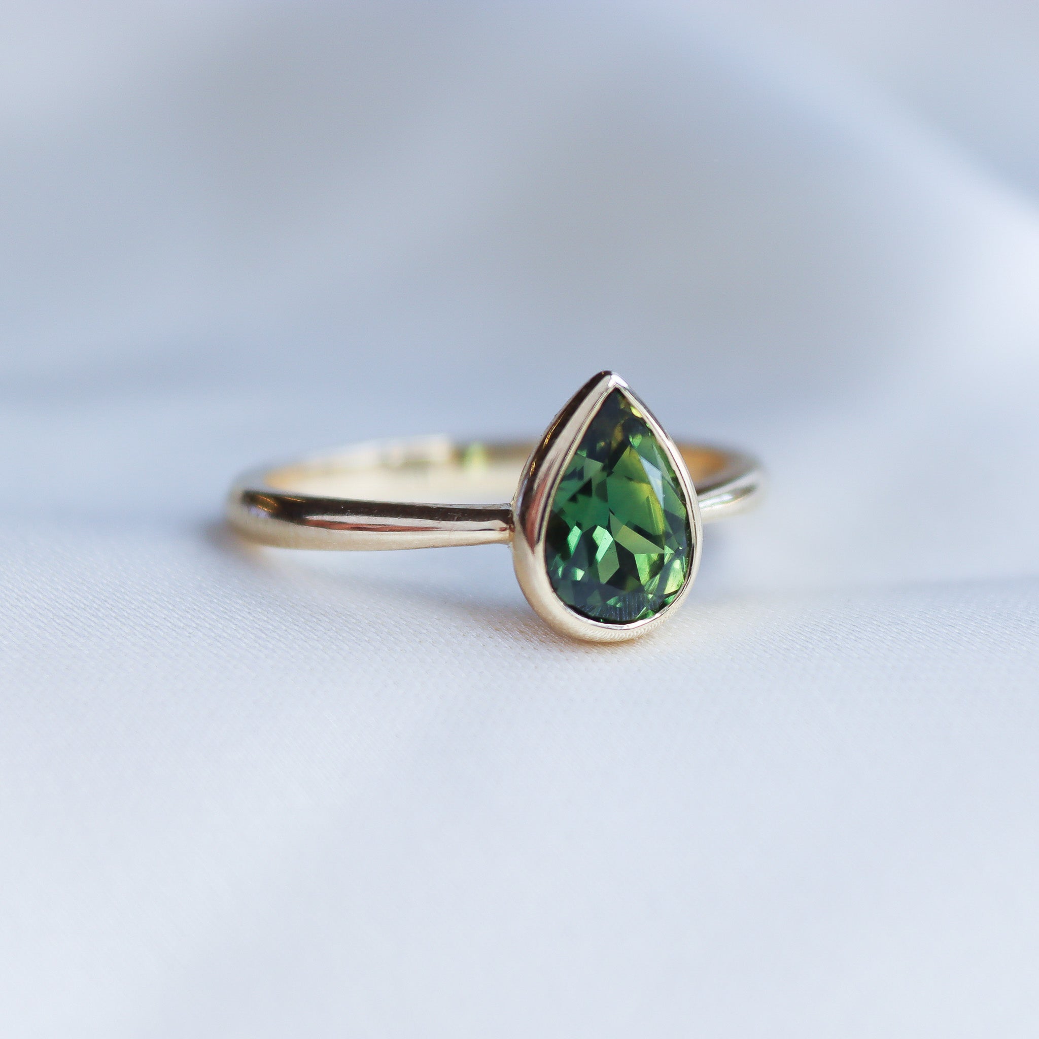 Green Pear Sapphire Solitaire Engagement Ring