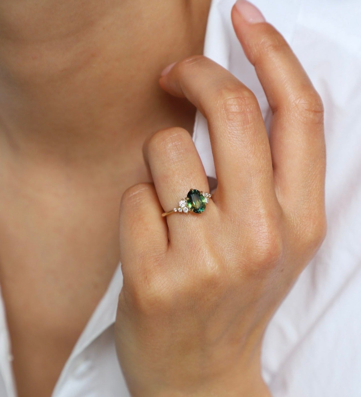 Green Sapphire and Diamond Cluster Engagement Ring