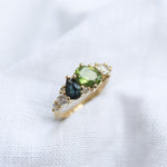 Green and Blue Sapphire Diamond Asymmetric Cluster Engagement Ring