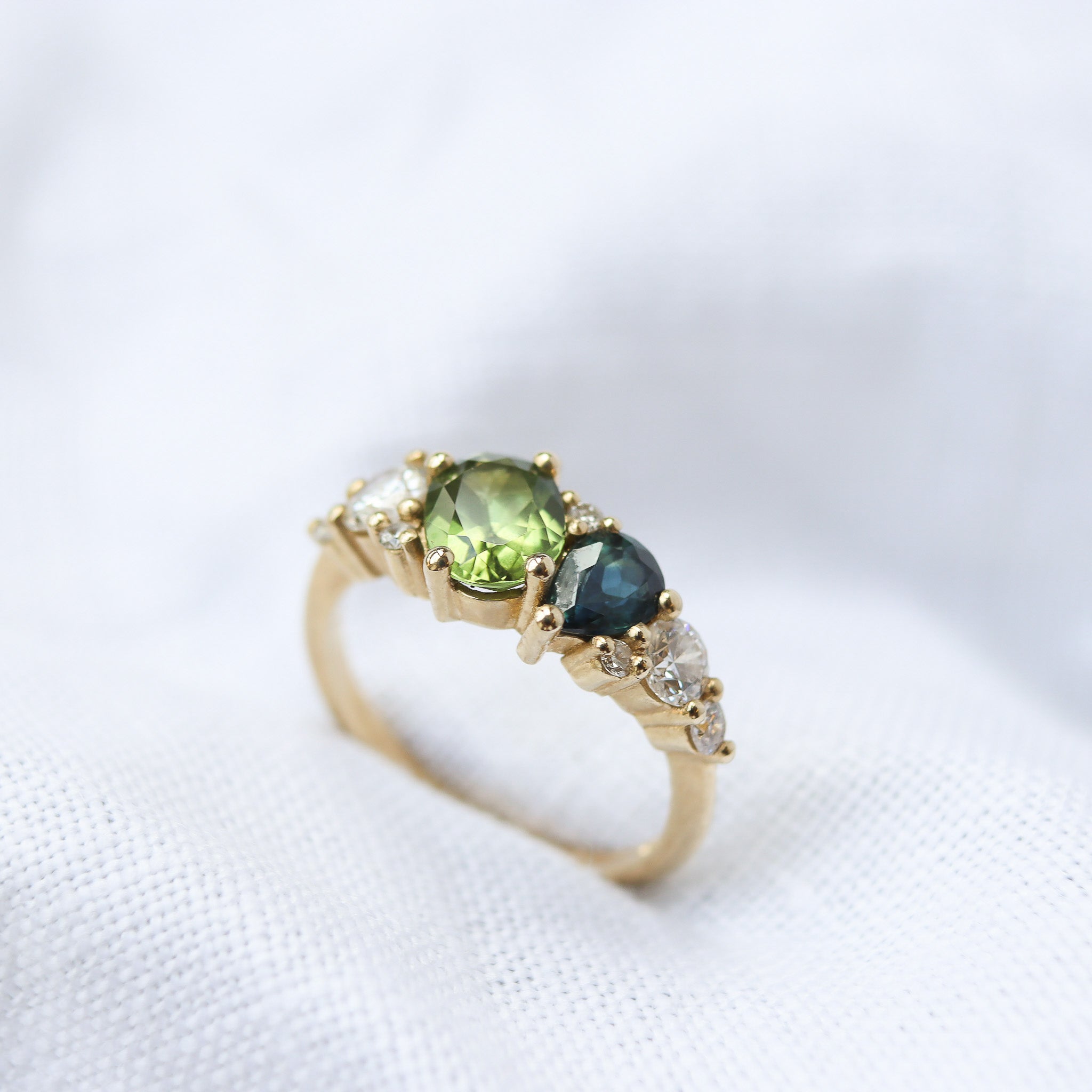 Green and Blue Sapphire Diamond Asymmetric Cluster Engagement Ring