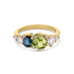 Green and Blue Sapphire Diamond Asymmetric Cluster Engagement Ring