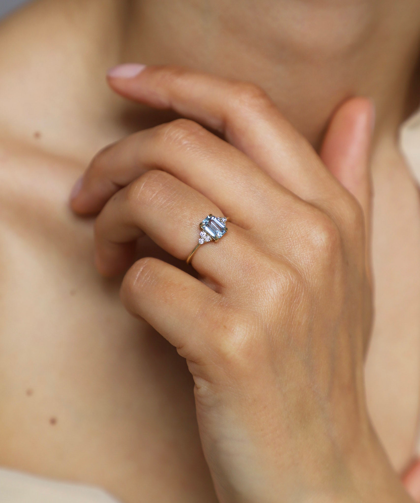 Light Blue Sapphire Baguette Cluster Engagement Ring