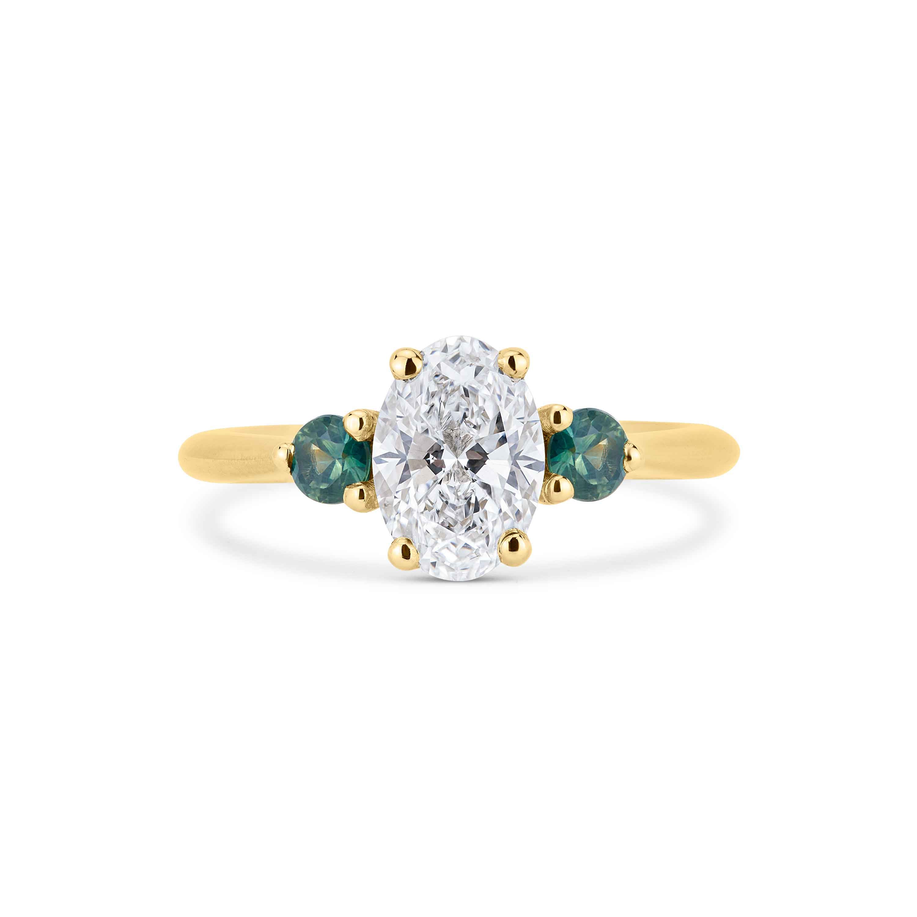 Oval Diamond and Green Tourmaline Trilogy Engagement Ring