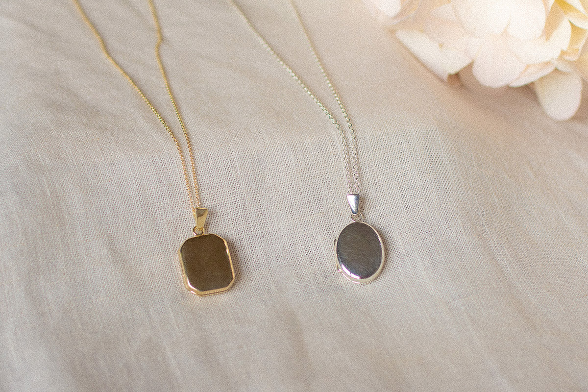 solid gold and sterling silver rectangle and oval locket necklaces valentines gift