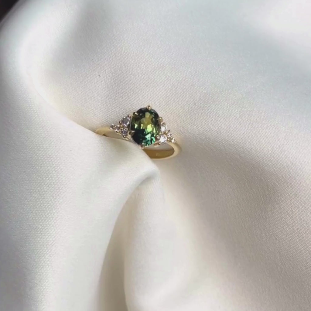 Green Sapphire and Diamond Cluster Engagement Ring