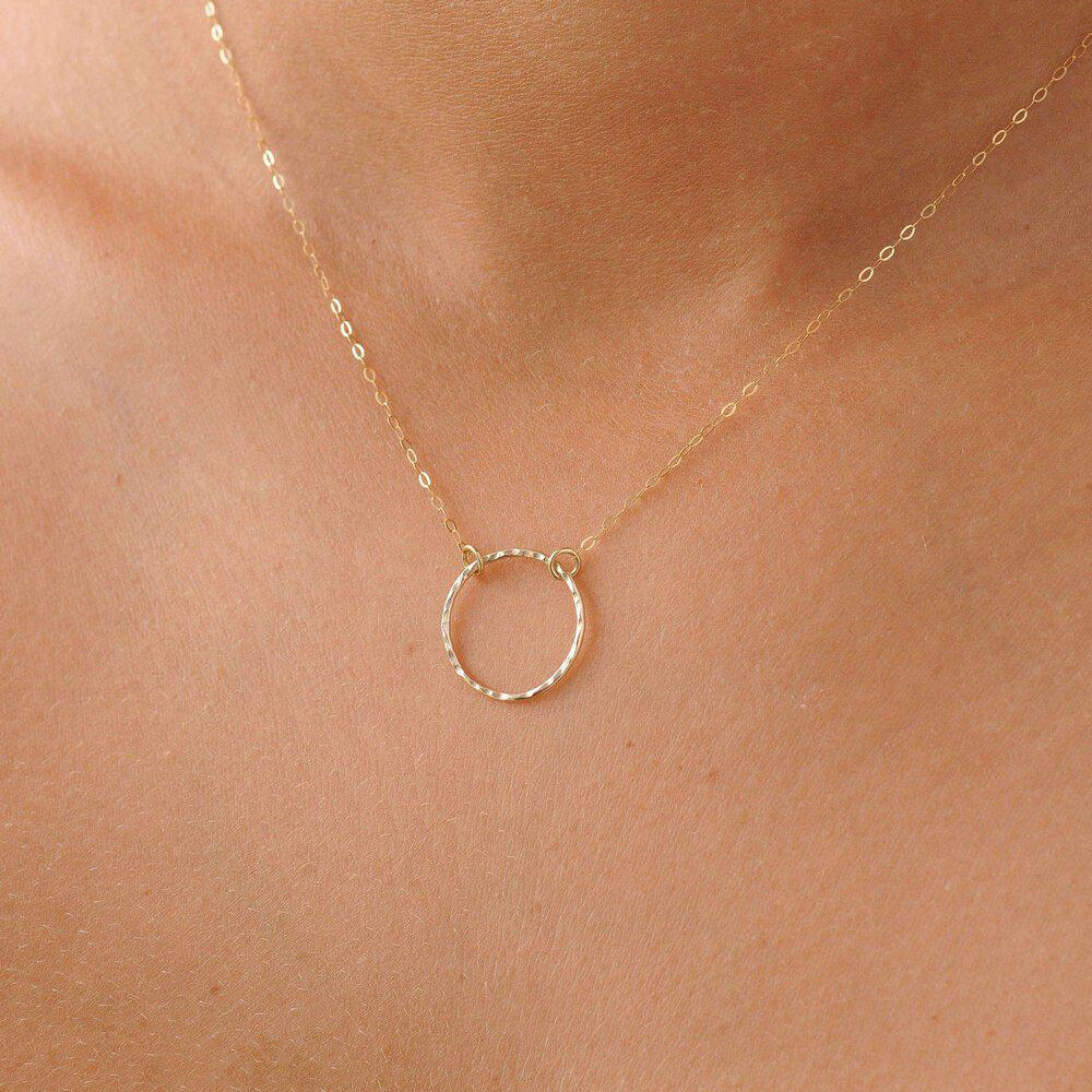 9ct Gold Open Hammered Circle Pendant Necklace